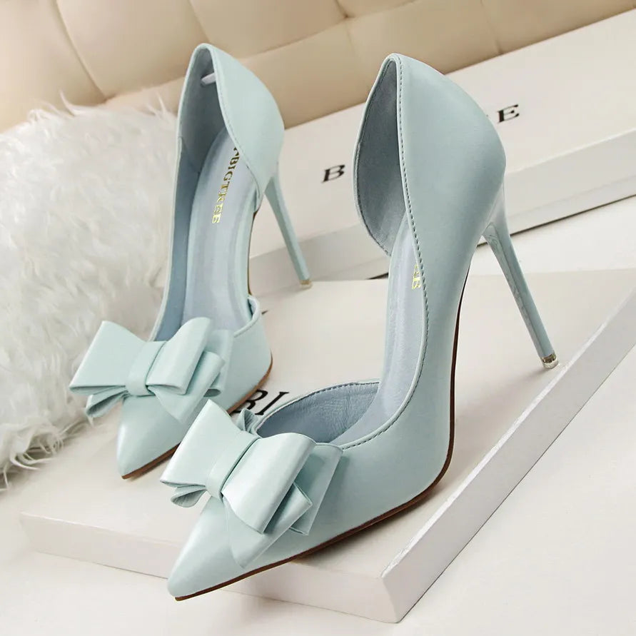 Fashion Show Sweet Bow High Heels Stiletto High Heel Shallow Mouth Pointed Side Hollow Single Shoes Womens Shoes Wedding Shoes