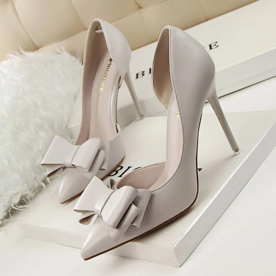 Fashion Show Sweet Bow High Heels Stiletto High Heel Shallow Mouth Pointed Side Hollow Single Shoes Womens Shoes Wedding Shoes