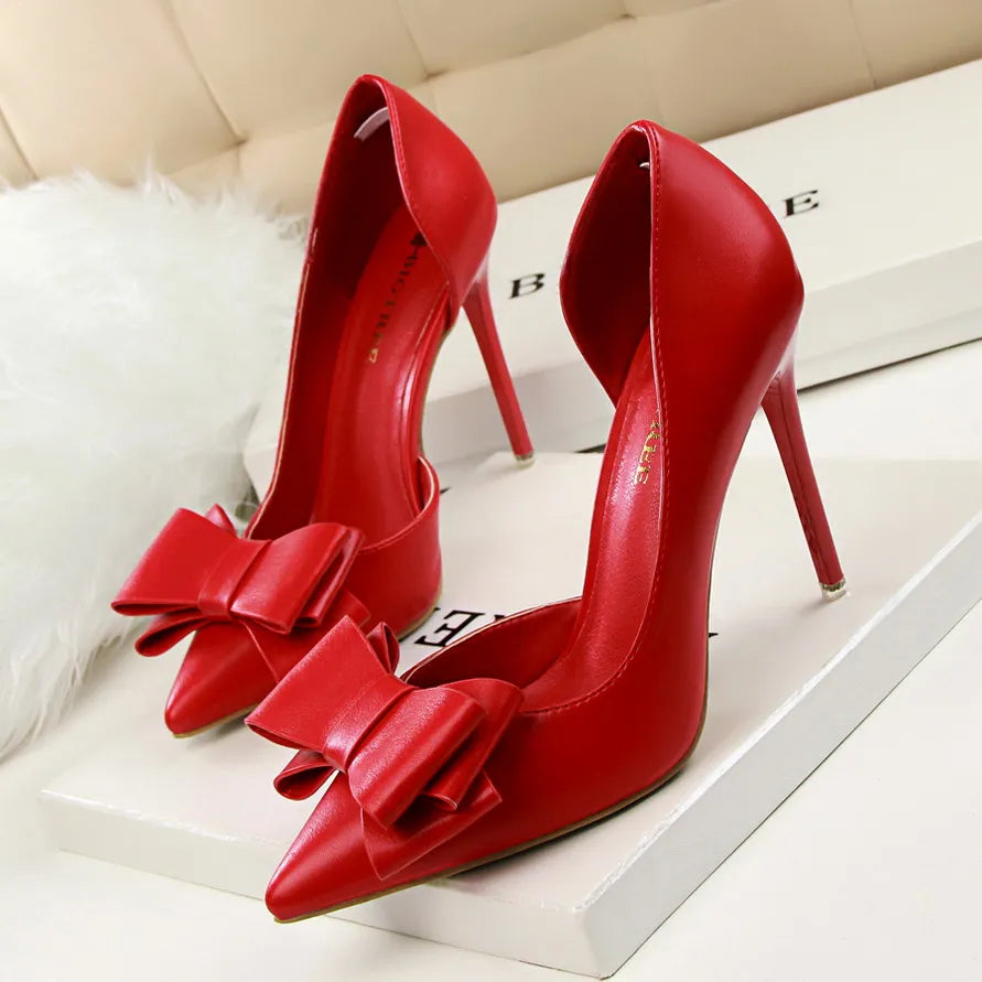 Fashion Show Sweet Bow High Heels Stiletto High Heel Shallow Mouth Pointed Side Hollow Single Shoes Womens Shoes Wedding Shoes