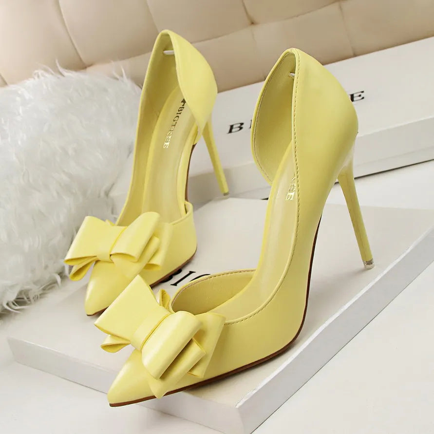 Fashion Show Sweet Bow High Heels Stiletto High Heel Shallow Mouth Pointed Side Hollow Single Shoes Womens Shoes Wedding Shoes