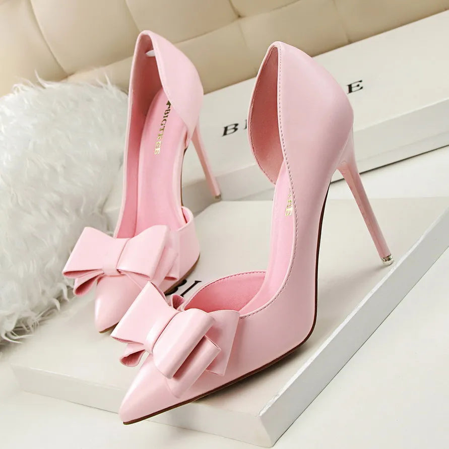 Fashion Show Sweet Bow High Heels Stiletto High Heel Shallow Mouth Pointed Side Hollow Single Shoes Womens Shoes Wedding Shoes