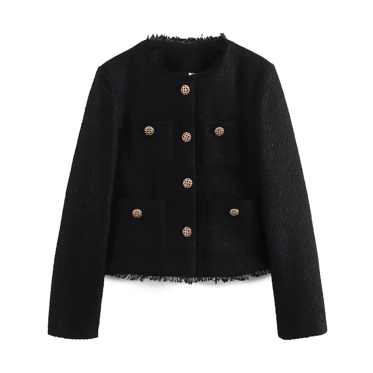 Fashion Tweed Cropped Jacket For Women 2024 Spring Elegant Single Breasted Pocket Coat Female Long Sleeve Round Collar Outerwear