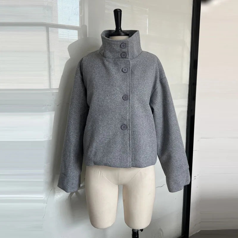 Fashion Short Woolen Coat For Women Stand Collar Full Sleeve Loose Zipper Jacket