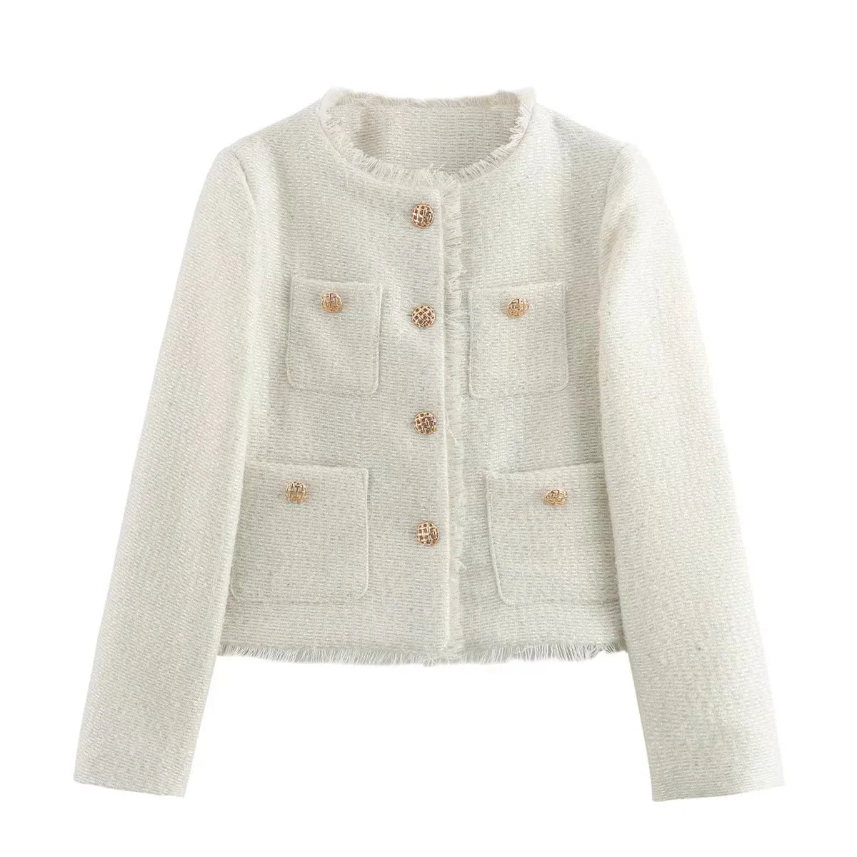Fashion Tweed Cropped Jacket For Women 2024 Spring Elegant Single Breasted Pocket Coat Female Long Sleeve Round Collar Outerwear