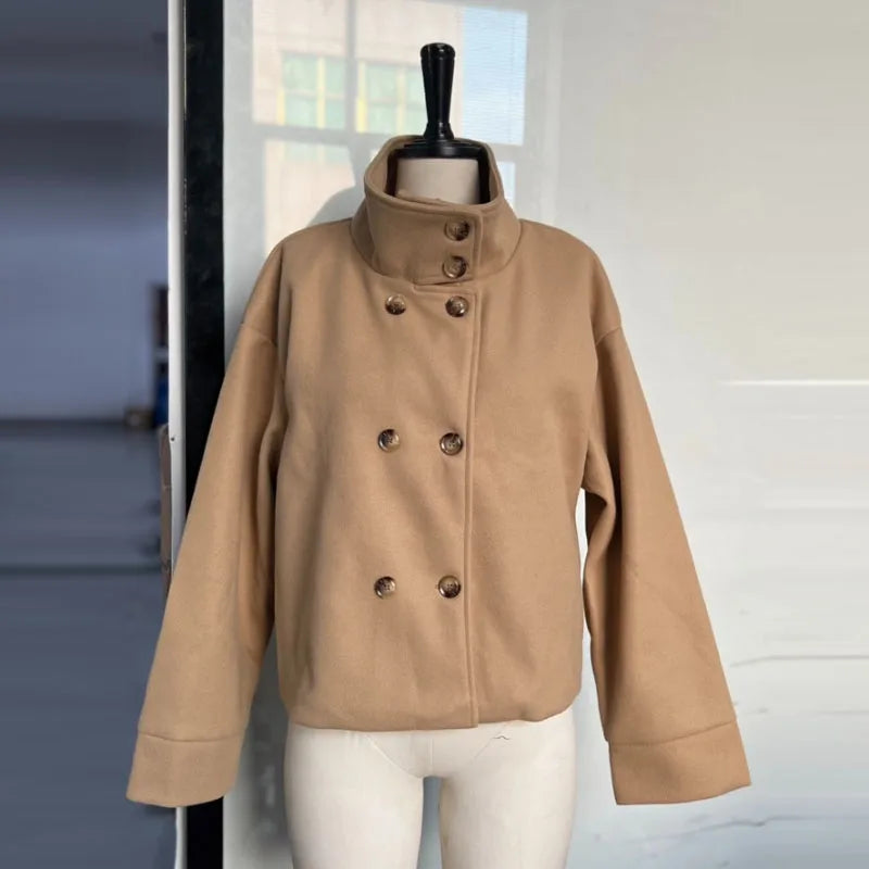 Fashion Short Woolen Coat For Women Stand Collar Full Sleeve Loose Zipper Jacket