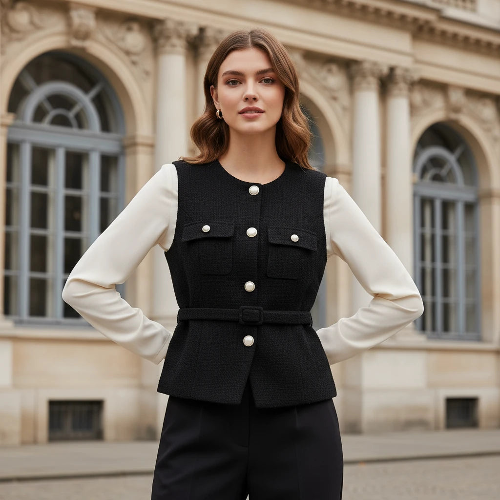 Fashion with Belt Waistcoat for Women Spring O Neck Sleeveless Single Breasted Slim Vest