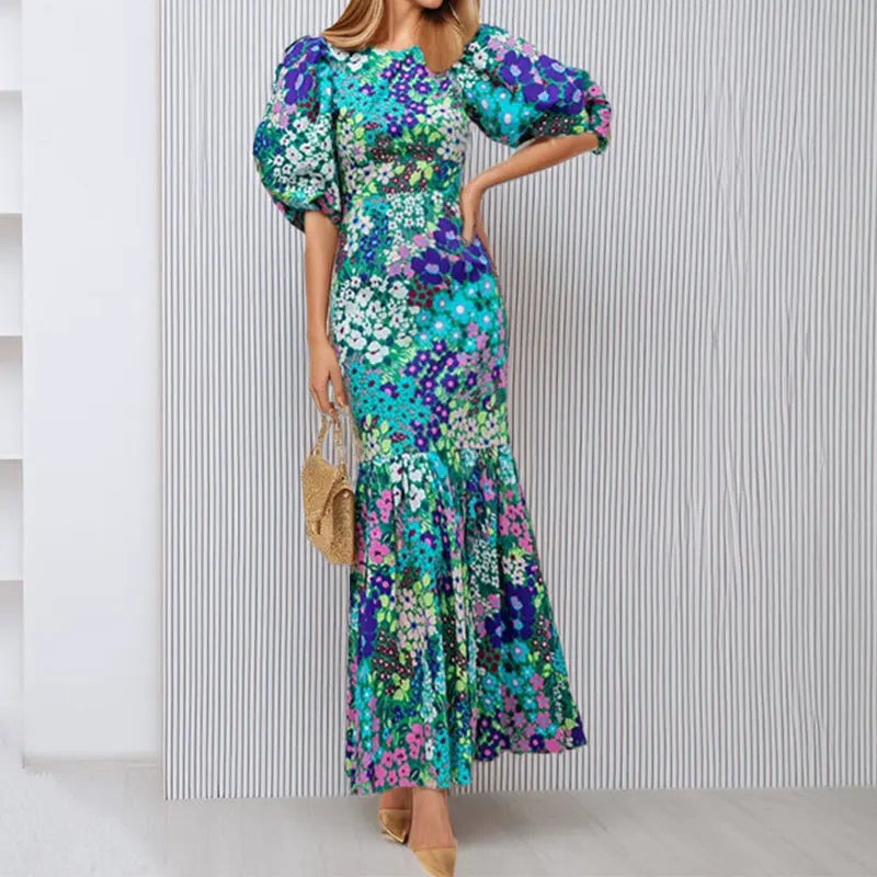 Fashion Print Dress For Women Casual O-Neck Puff Sleeve High Waist Dresses Robe Femme Elegant Party Womens Clothing Summer New