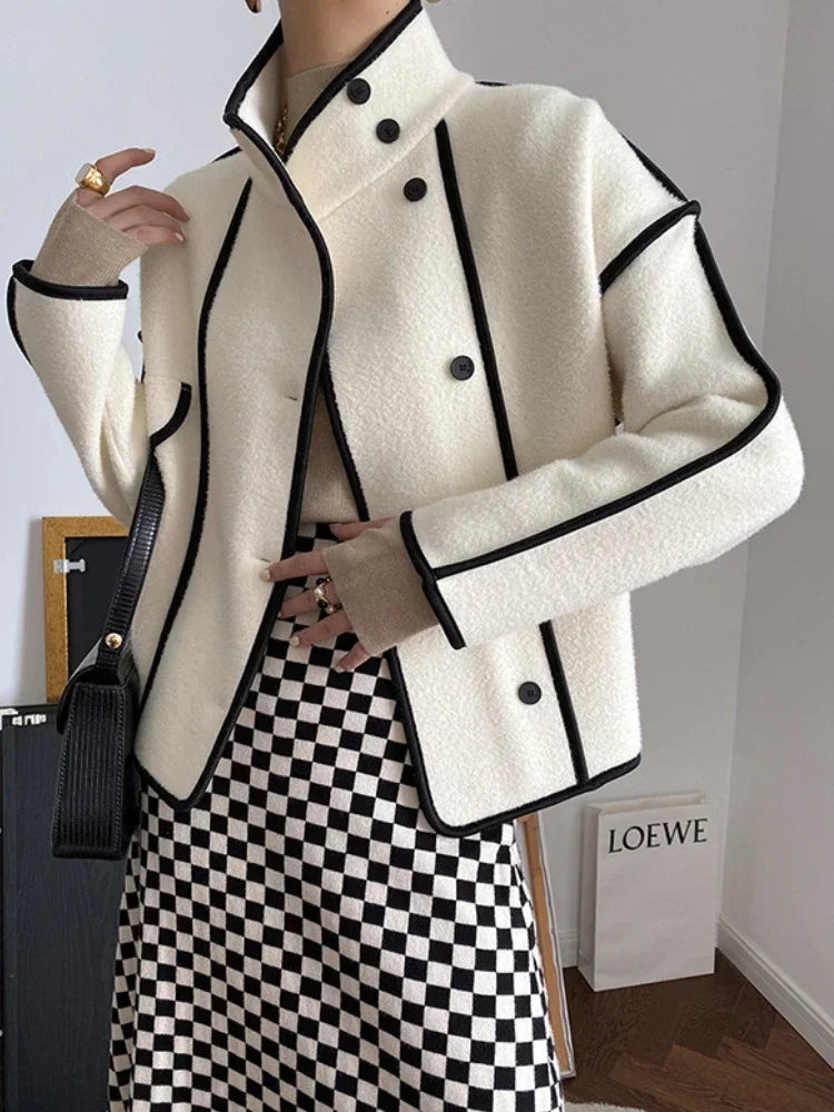Fashion Coats for Women 2025 Loose Standing Collar Solid Short Women's Jacket Contrast Color Design White Black Autumn Outerwear