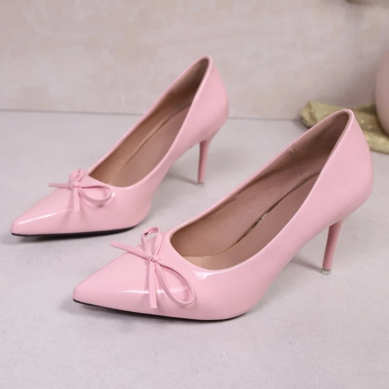 Fashion pointed-toe design elegant bow tie stiletto heels, 2025 summer sexy patent leather high heels, large size women's shoes