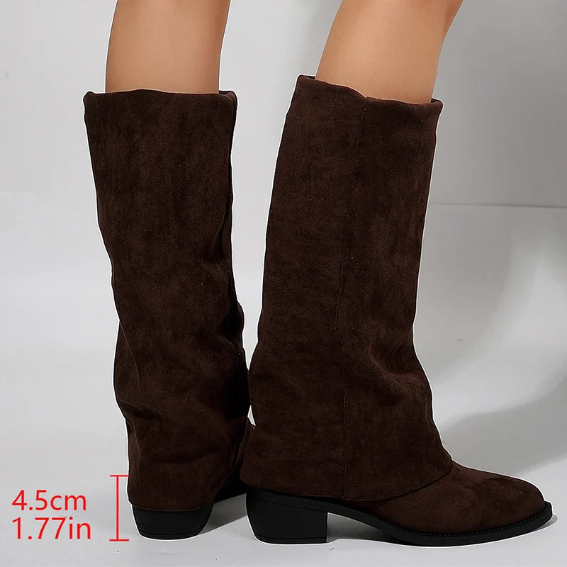 Fashion Knee High Heels Women's Boots Pointed Toe Thick Heel Mid-Calf Boots Women Comfortable Faux Suede Vintage Botas Woman