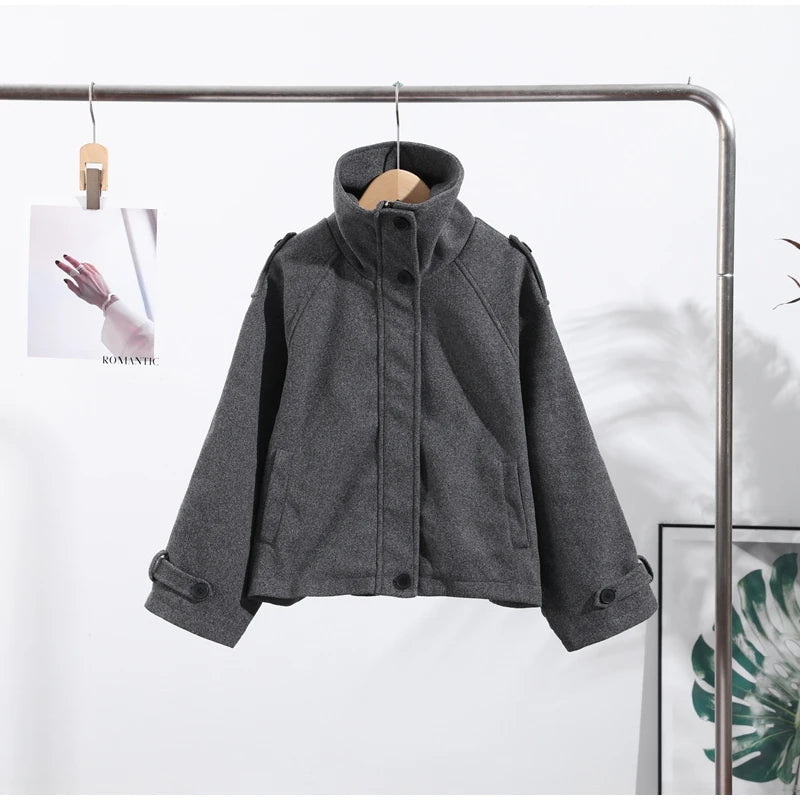 Fashion Short Woolen Coat For Women Stand Collar Full Sleeve Loose Zipper Jacket