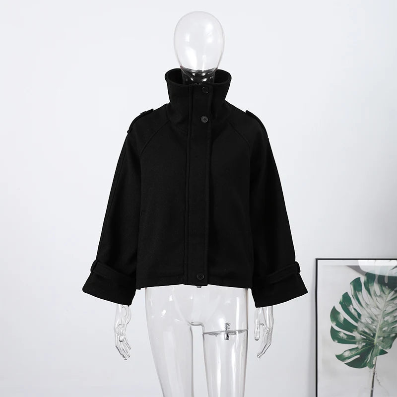 Fashion Short Woolen Coat For Women Stand Collar Full Sleeve Loose Zipper Jacket