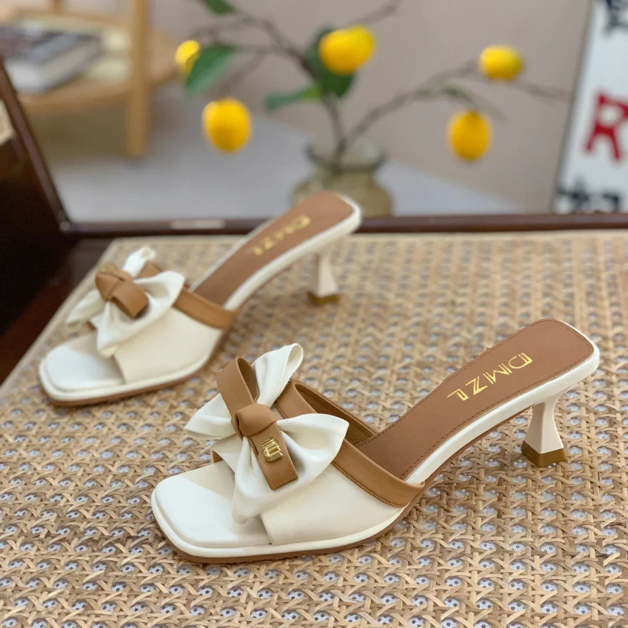 Fashion Square Toe High-heeled Slippers for Women Summer Korean Style Outdoor Slip on Stiletto Bowknot Sandals Sandalias Mujer