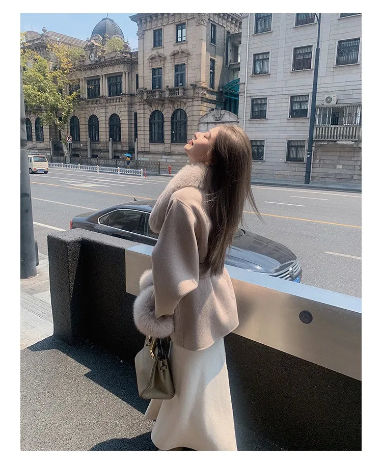 Fashion Coat with Belt Women Solid Fox Fur Collar Thick Warm Long Ladies Lace Up Wool Coat Outwear