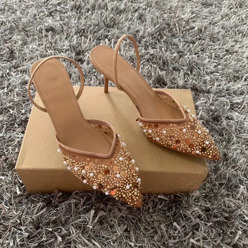 Fashion High Heeled Formal Party Shoes for Lady Luxury Sequin Pearl Stiletto Elengat Mesh Slingbacks Women Modern Sandals
