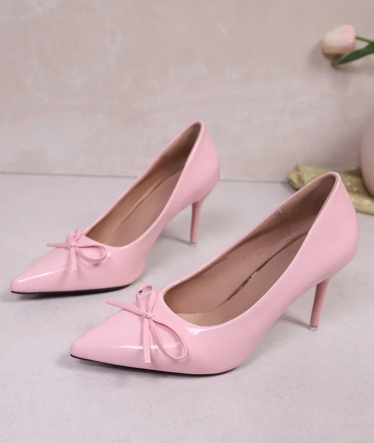 Fashion pointed-toe design elegant bow tie stiletto heels, 2025 summer sexy patent leather high heels, large size women's shoes