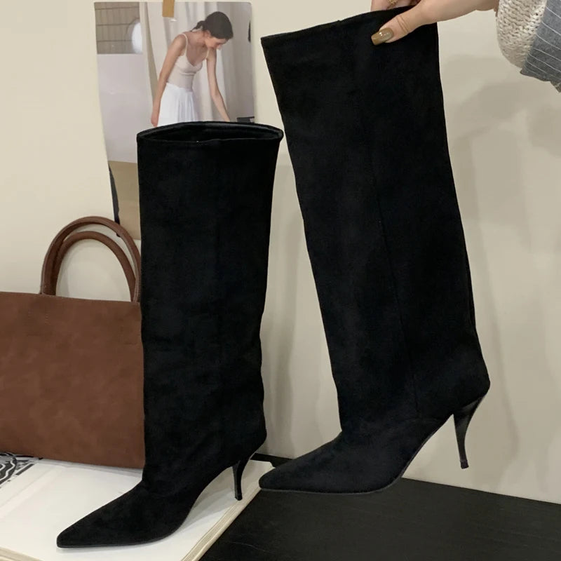 Fashion Vintage Thin Heels Women Knee High Boots Fashion Winter Sexy Pointed Toe Stripper Party Shoes Zapatos De Mujes