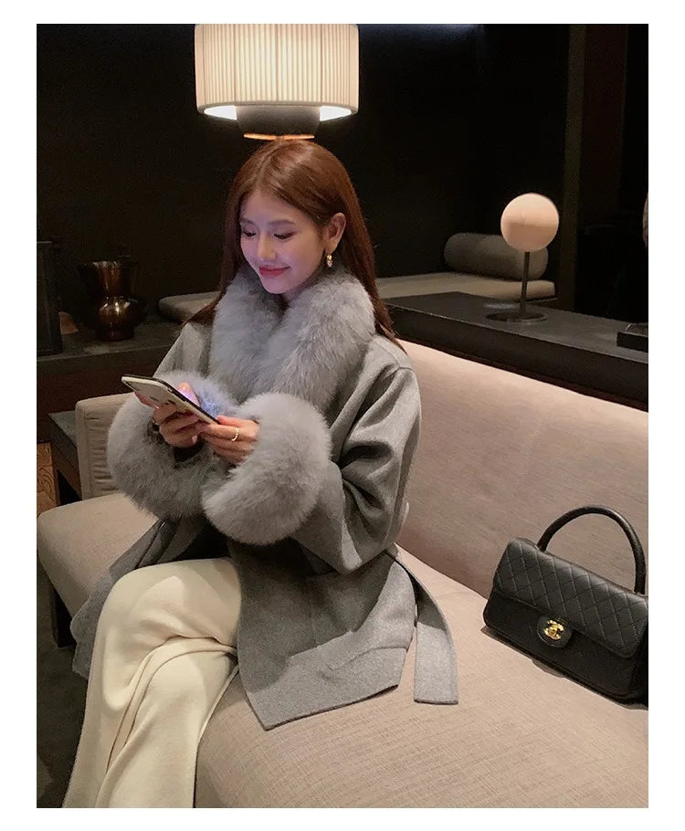 Fashion Coat with Belt Women Solid Fox Fur Collar Thick Warm Long Ladies Lace Up Wool Coat Outwear
