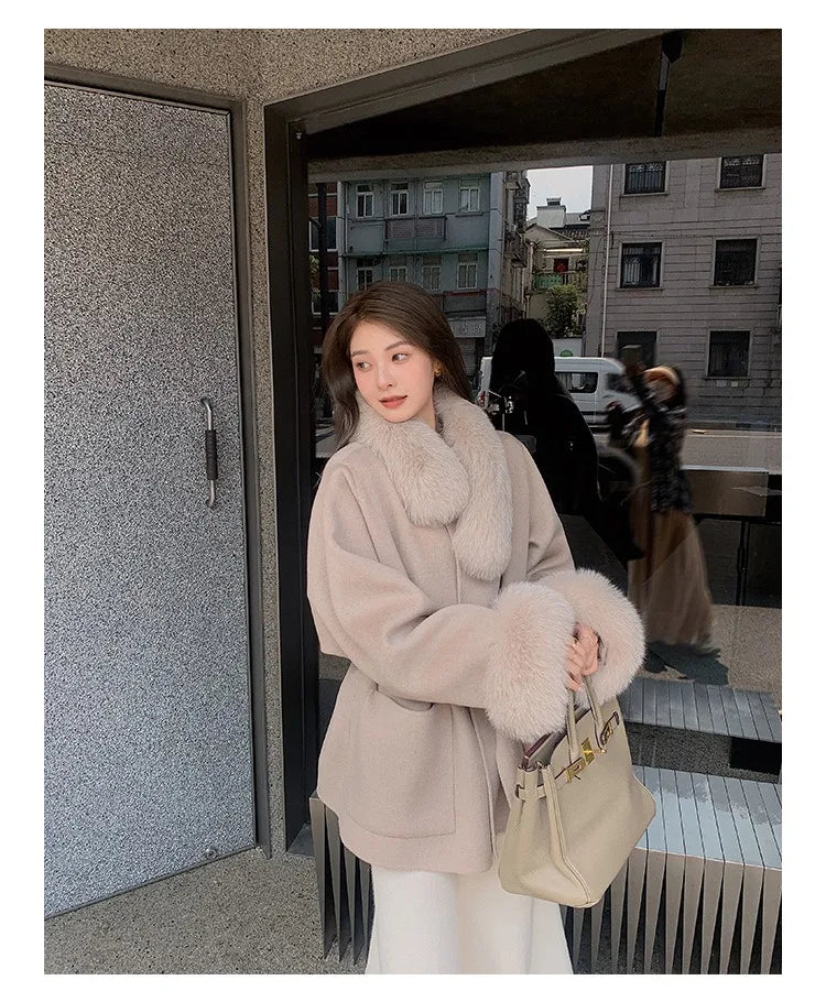 Fashion Coat with Belt Women Solid Fox Fur Collar Thick Warm Long Ladies Lace Up Wool Coat Outwear
