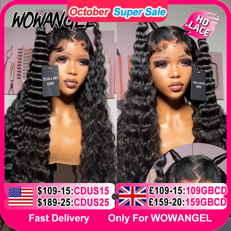 Wowangel 13x6 HD Lace Frontal Wig Loose Deep Wave Wigs Melt Skin 34inch HD Lace Front Human Hair Wig Brazilian Hair Pre Plucked