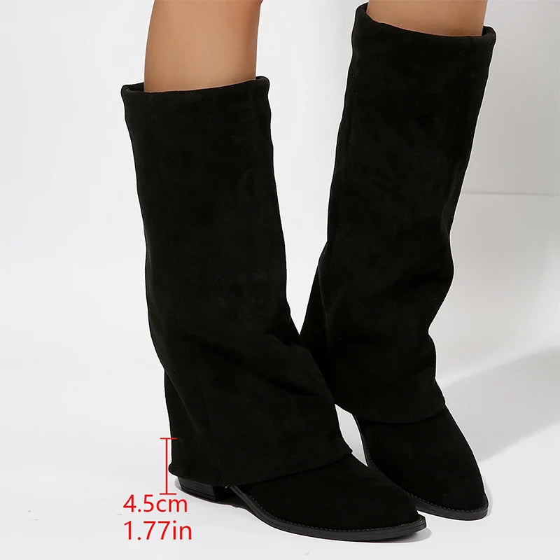 Fashion Knee High Heels Women's Boots Pointed Toe Thick Heel Mid-Calf Boots Women Comfortable Faux Suede Vintage Botas Woman