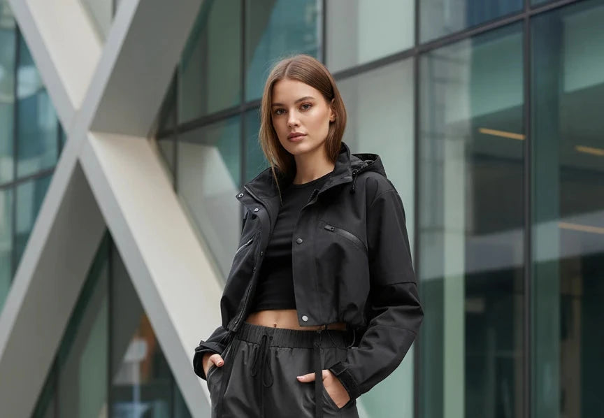 Fashion Short Hooded Jacket  Black Loose  Coats Female Street  Windbreak Short