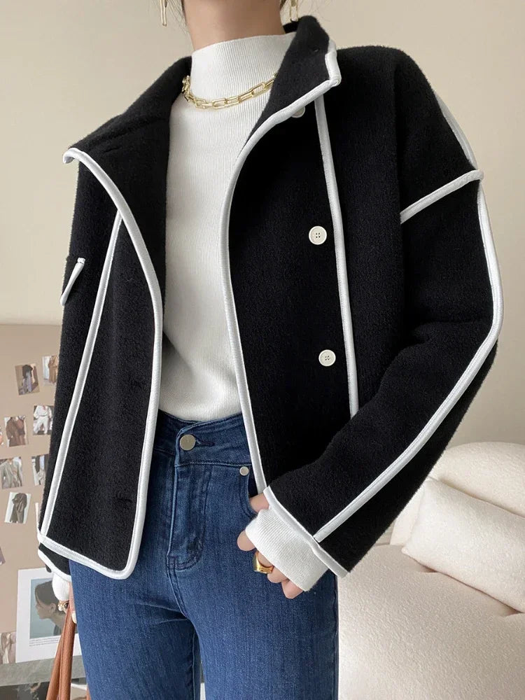 Fashion Coats for Women 2025 Loose Standing Collar Solid Short Women's Jacket Contrast Color Design White Black Autumn Outerwear