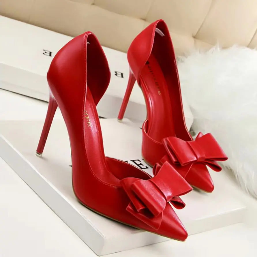 Fashion Show Sweet Bow High Heels Stiletto High Heel Shallow Mouth Pointed Side Hollow Single Shoes Womens Shoes Wedding Shoes