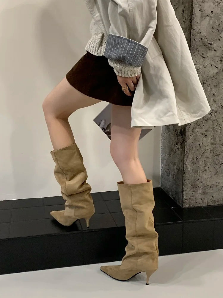 Fashion Vintage Thin Heels Women Knee High Boots Fashion Winter Sexy Pointed Toe Stripper Party Shoes Zapatos De Mujes