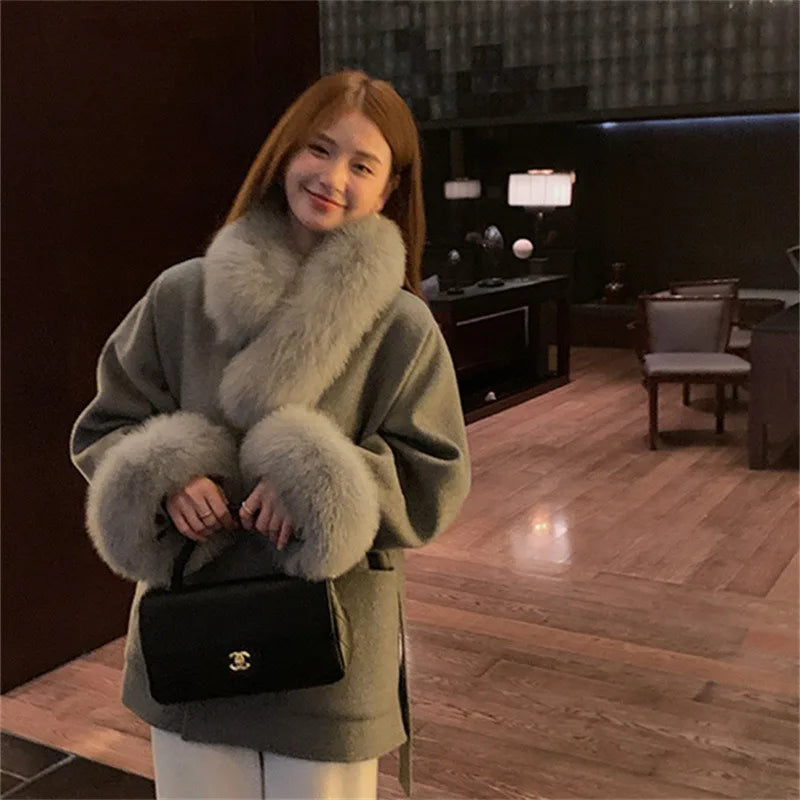 Fashion Coat with Belt Women Solid Fox Fur Collar Thick Warm Long Ladies Lace Up Wool Coat Outwear