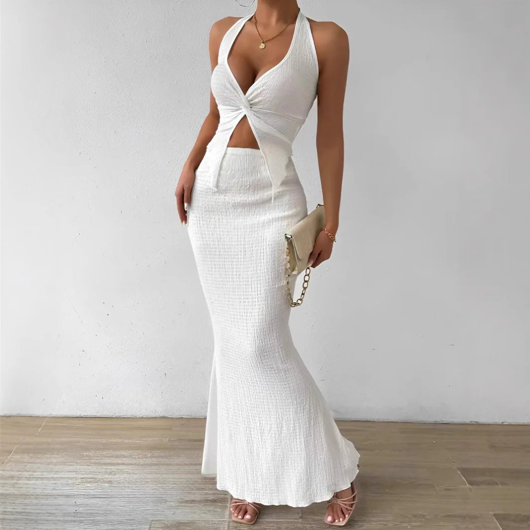 Fashion Sexy  Hanging Neck Top Long Skirt Fashion Two-piece Set Tight And Elegant