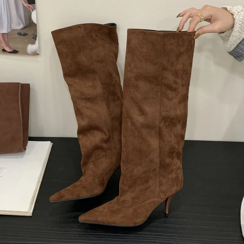 Fashion Vintage Thin Heels Women Knee High Boots Fashion Winter Sexy Pointed Toe Stripper Party Shoes Zapatos De Mujes