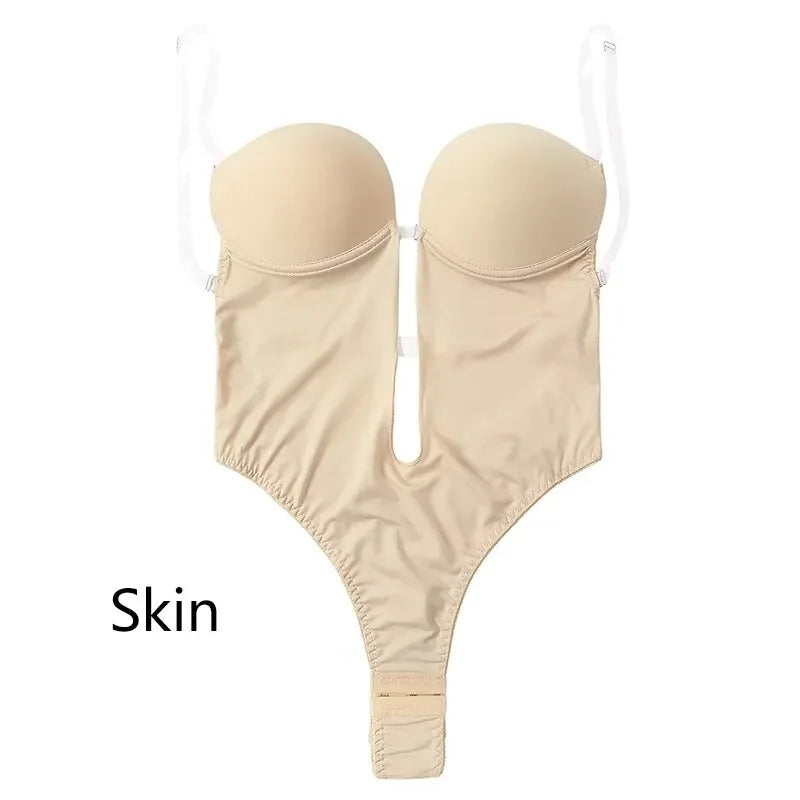 Women Shapers Underwear Backless Bodysuit Shapewear Deep V-Neck Body U Plunge Clear Strap Padded Push Up Corset