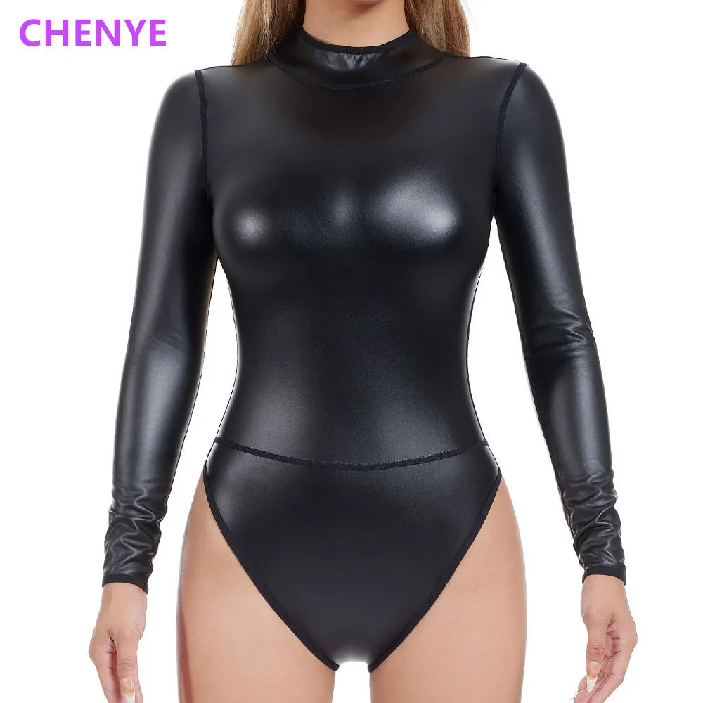 Women Sexy Shapewear Back Zipper High Neck Body Shapers Long sleeve Faux Leather Bodysuit Stage Performance One Pieces Jumpsuits