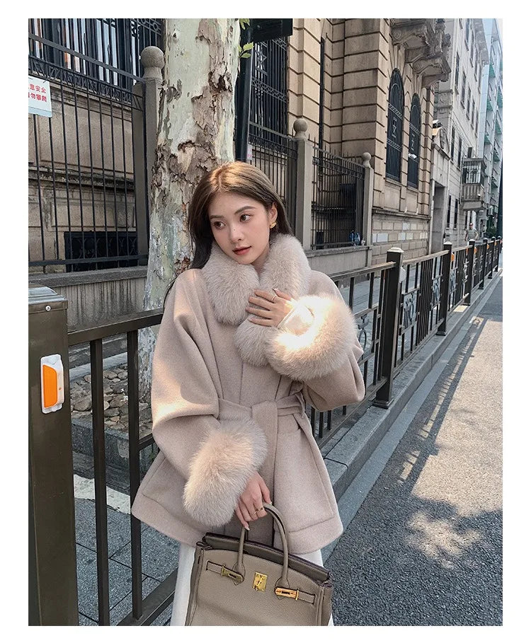 Fashion Coat with Belt Women Solid Fox Fur Collar Thick Warm Long Ladies Lace Up Wool Coat Outwear