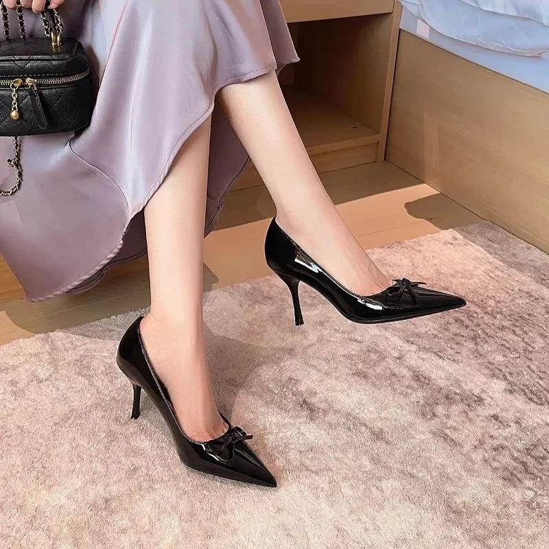 Fashion pointed-toe design elegant bow tie stiletto heels, 2025 summer sexy patent leather high heels, large size women's shoes