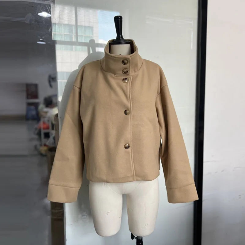 Fashion Short Woolen Coat For Women Stand Collar Full Sleeve Loose Zipper Jacket