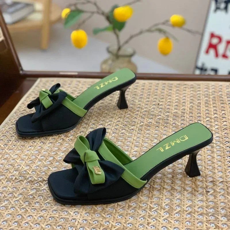 Fashion Square Toe High-heeled Slippers for Women Summer Korean Style Outdoor Slip on Stiletto Bowknot Sandals Sandalias Mujer