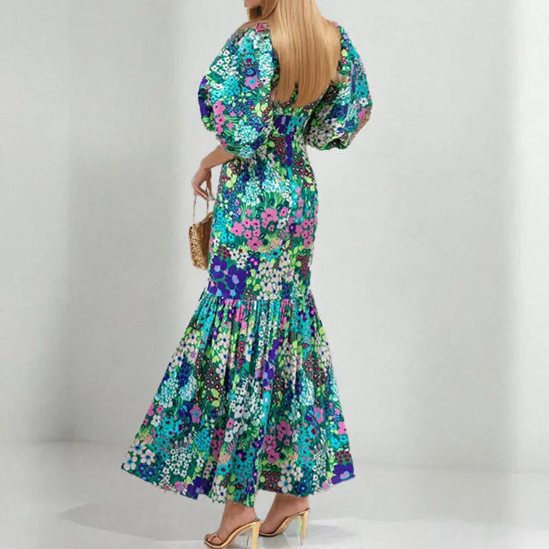 Fashion Print Dress For Women Casual O-Neck Puff Sleeve High Waist Dresses Robe Femme Elegant Party Womens Clothing Summer New