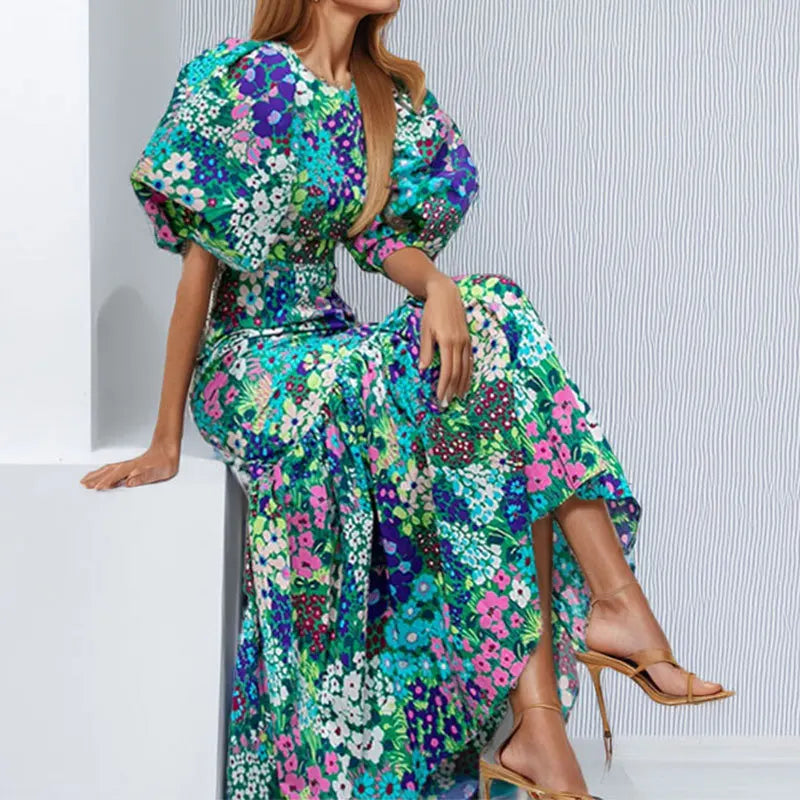 Fashion Print Dress For Women Casual O-Neck Puff Sleeve High Waist Dresses Robe Femme Elegant Party Womens Clothing Summer New