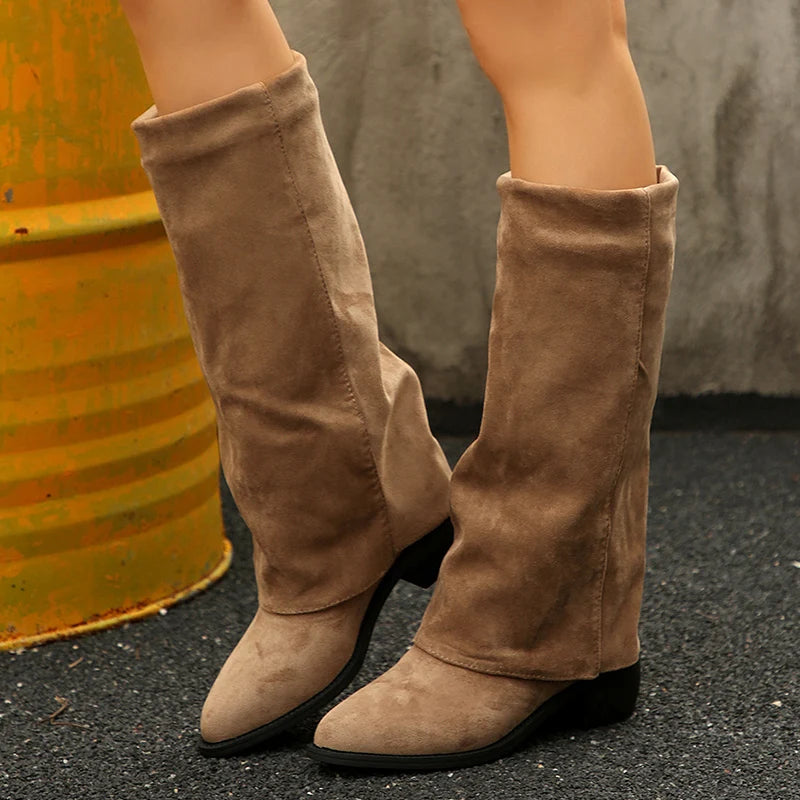 Fashion Knee High Heels Women's Boots Pointed Toe Thick Heel Mid-Calf Boots Women Comfortable Faux Suede Vintage Botas Woman