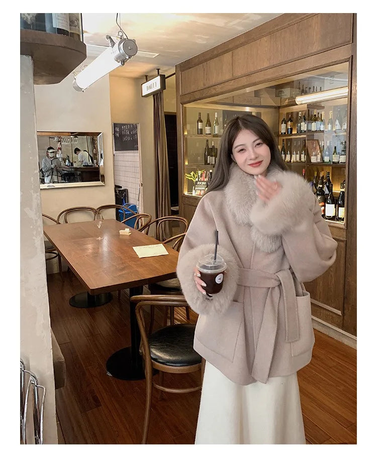 Fashion Coat with Belt Women Solid Fox Fur Collar Thick Warm Long Ladies Lace Up Wool Coat Outwear