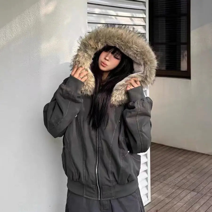 Fashion Retro Fur Collar Jacket Thick Hooded Design Short Cotton Coat Parkas Female Clothing