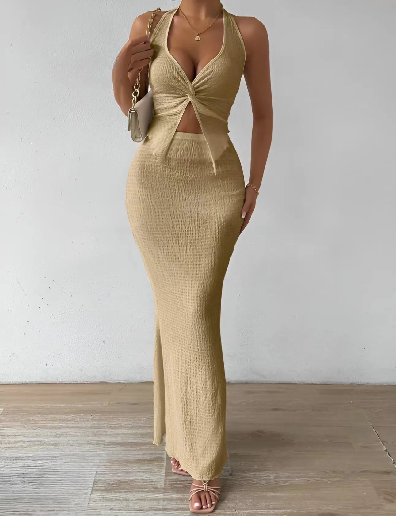 Fashion Sexy  Hanging Neck Top Long Skirt Fashion Two-piece Set Tight And Elegant
