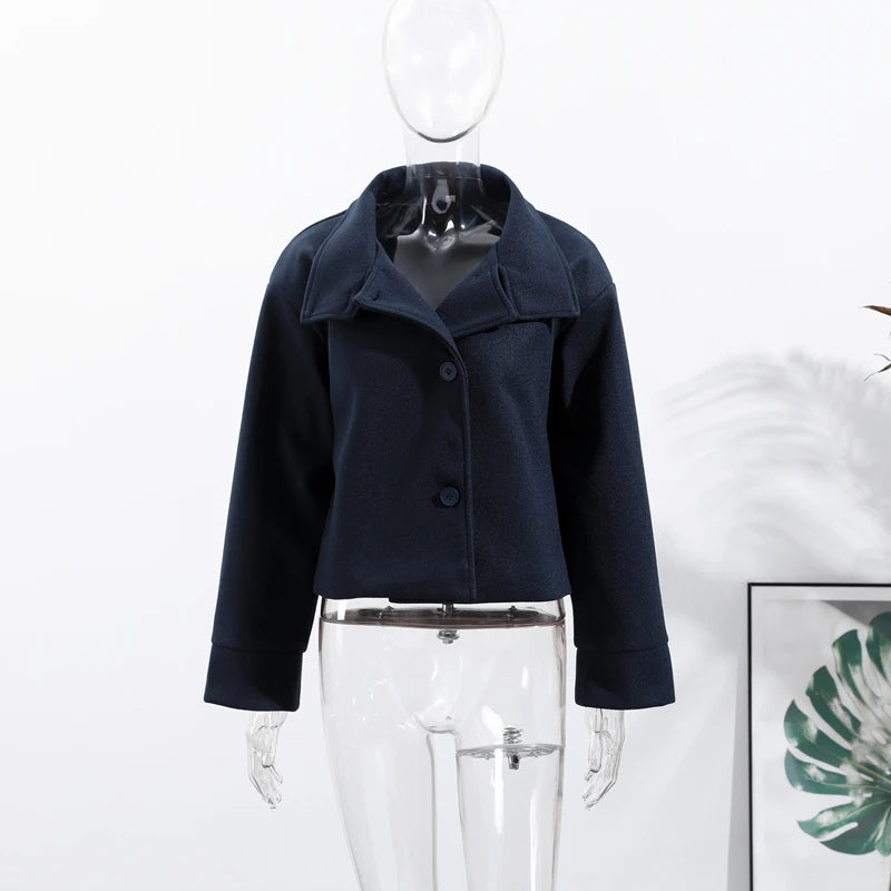 Fashion Short Woolen Coat For Women Stand Collar Full Sleeve Loose Zipper Jacket