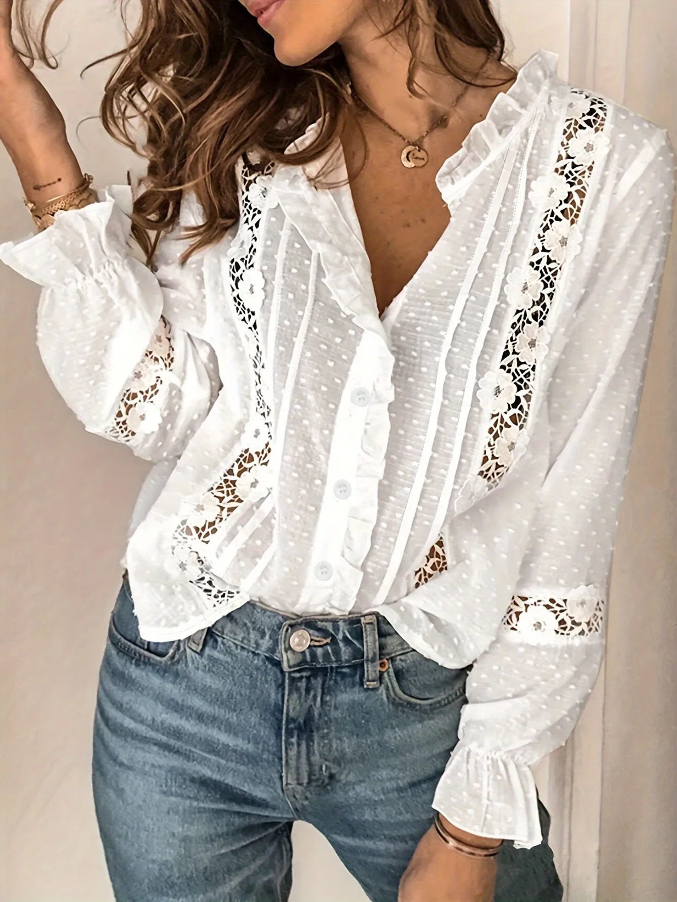 Fashion White Lace Shirt For Women Sexy Hook Flower Hollow Long Sleeve Button Ruffles Shirts Tops Lady Casual Holiday Clothes