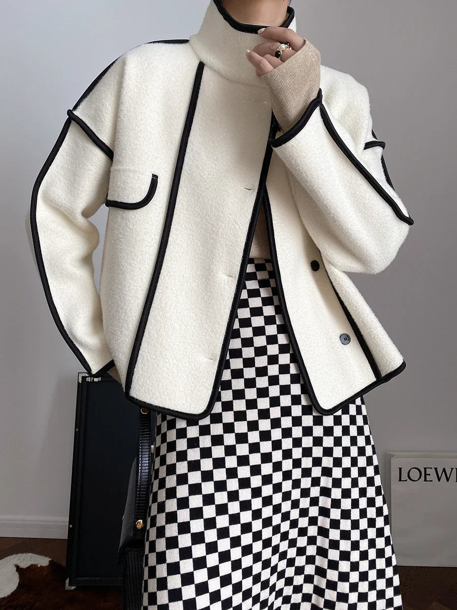 Fashion Coats for Women 2025 Loose Standing Collar Solid Short Women's Jacket Contrast Color Design White Black Autumn Outerwear