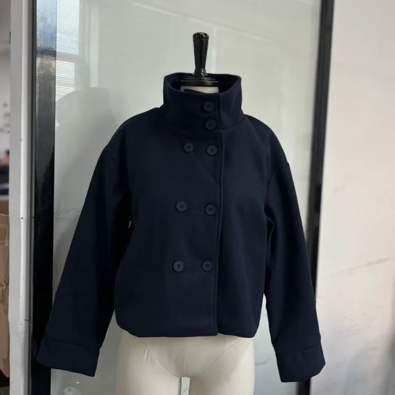 Fashion Short Woolen Coat For Women Stand Collar Full Sleeve Loose Zipper Jacket