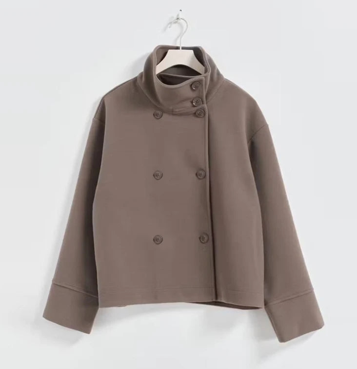 Fashion Short Woolen Coat For Women Stand Collar Full Sleeve Loose Zipper Jacket