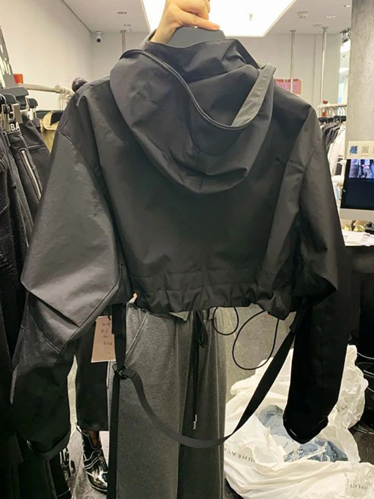Fashion Short Hooded Jacket  Black Loose  Coats Female Street  Windbreak Short